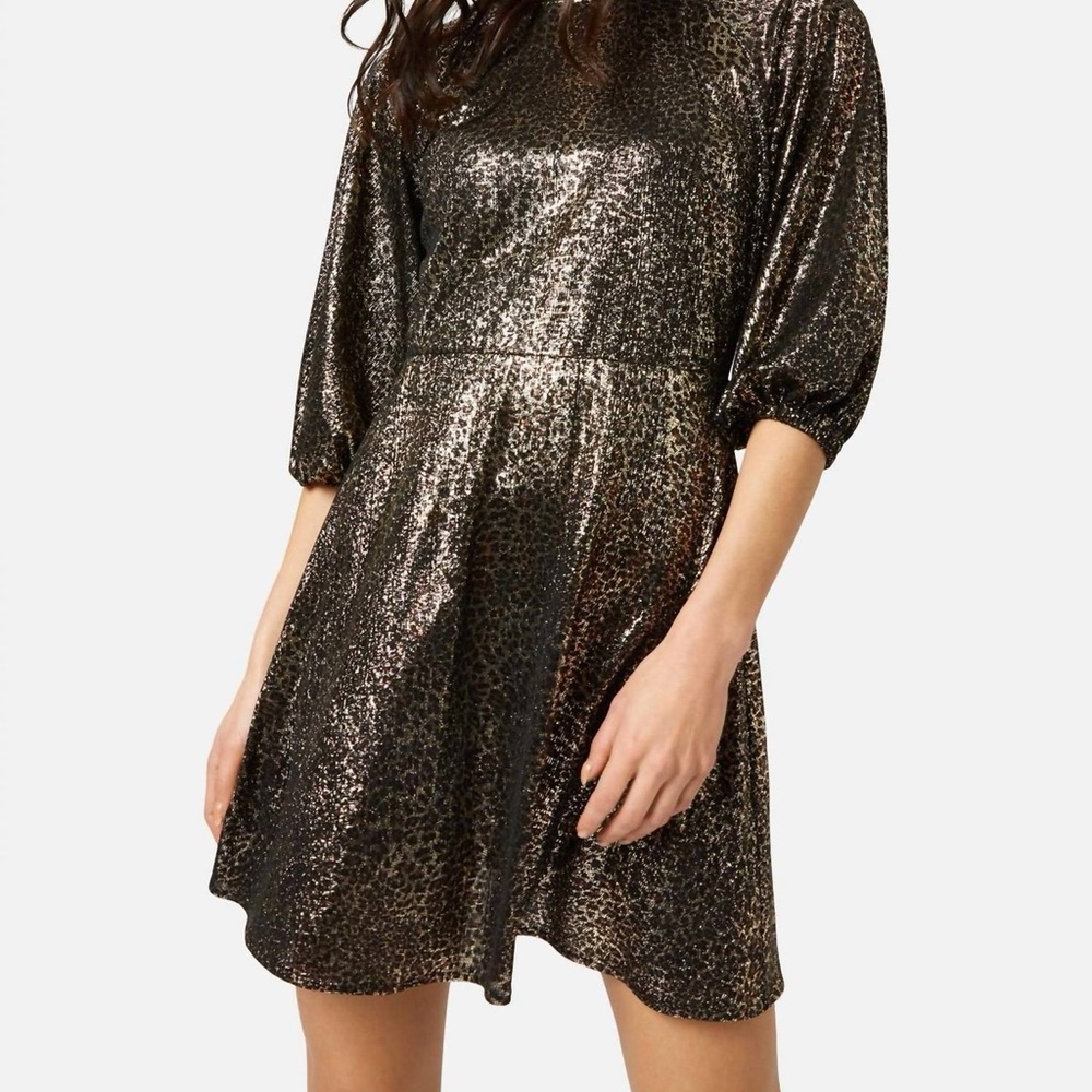 Traffic People Metallic Black and Gold Leopard-Print Mini Dress